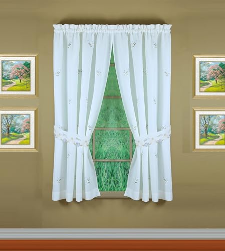 Today's Curtain Verona Reverse Embroidery Panel Pair and Tiebacks, 63", White/Blue, 80" W X 63" L