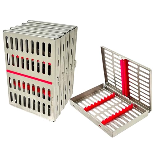 5 Count Dental and Veterinary Instrument Sterilization Cassette Boxes, 10 Instrument Slot Removable Pink Silicone Inserts - German Steel