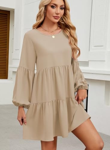 Image of QACOHU Falll Dresses for Women 2026 Crew Neck Long Lantern Sleeve Casual Loose Flowy Swing Shift Dress