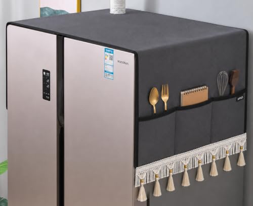 Image of Premium Decorative Fridge Cover Top with Tassel Lace for Double Door Refrigerator - Waterproof, Dustproof & Washable Polyester Fridge Cover with 6 Side Pockets for Kitchen (Dark Grey)