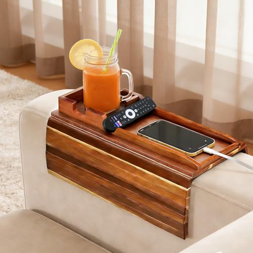 Image of FUNKYLEE Acacia Wood Couch Armrest Table, Couch Arm Tray with Removable Couch Cup Holder, 2 in 1 Design Foldable Anti-Slip Acacia Wood Sofa Arm Tray for Remote Controls, Phones, Cups and Snacks