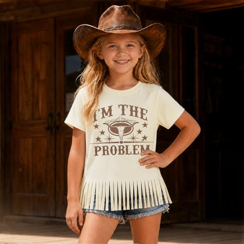 Image of Girls Western Shirt Toddler Tassels Cowgirl T-Shirt Im The Problem Country Concert Shirts Summer Short Sleeve Top