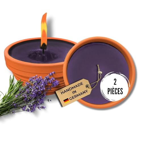 Lavalis Lot de 2 bougies parfumées à la lavande - Durée de combustion : 20 h - Bougies d'extérieur dans un bol en terre cuite - Remplies à la main en cire recyclée - Hauteur de flamme : 5 cm -