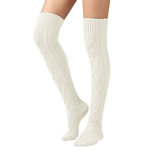 ANGUYA Femmes Hiver Au Genou Longues Laine Twist Chaussettes Hautes En Tricot Montante Élastique Hiver Torsion Rhombique Couleur Unie Bas Knee Knit Torsadées Noël (Blanc, Taille unique) Cover