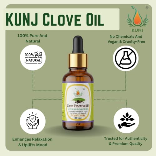 Image of KUNJ Clove Essential Oil 30ml - 100% Pure & Natural Undiluted | Clove Oil for Skin Care, Hair Growth & Scalp | For Diffuser, Aromatherapy, DIY Candle & Soap Making | Therapeutic Grade