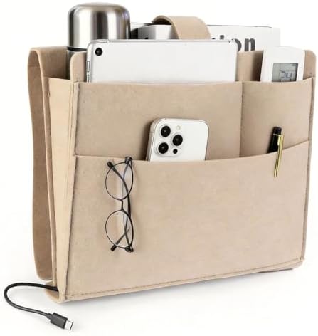 Hanging Bedside Caddy Organizer with Cord Slit - 4-Pocket Bed Poc...