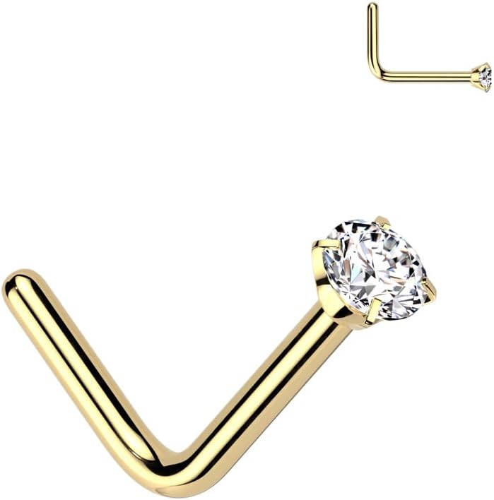 FIFTH CUE Solid Titanium L Bend Nose Stud Ring with Prong Set CZ Gem