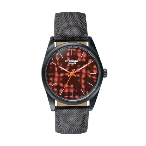 Image of Sonata Poze 9 with Quartz Analog Black /Orange Dial Black Strap Watch for Men - SP70033NP01W