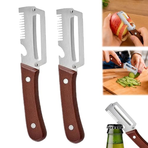 JINDANCL 3 in 1 Pelapatate Multifunzione,2pcs con manico in legno e apribottiglie, taglierina affettatrice in acciaio inox per cucina,Utensile per Frutta e Verdura