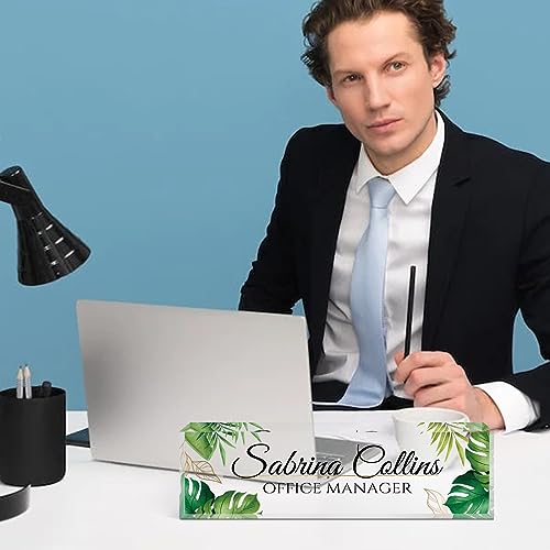 Image of Custom Name Plate for Desk, Desk Name Plate Personalized, Office Decor for Women Men, Acrylic Desktop Accessories, Office Appreciation Gifts for Boss Social Workers Nurse Teacher Employee(Green Leaf)