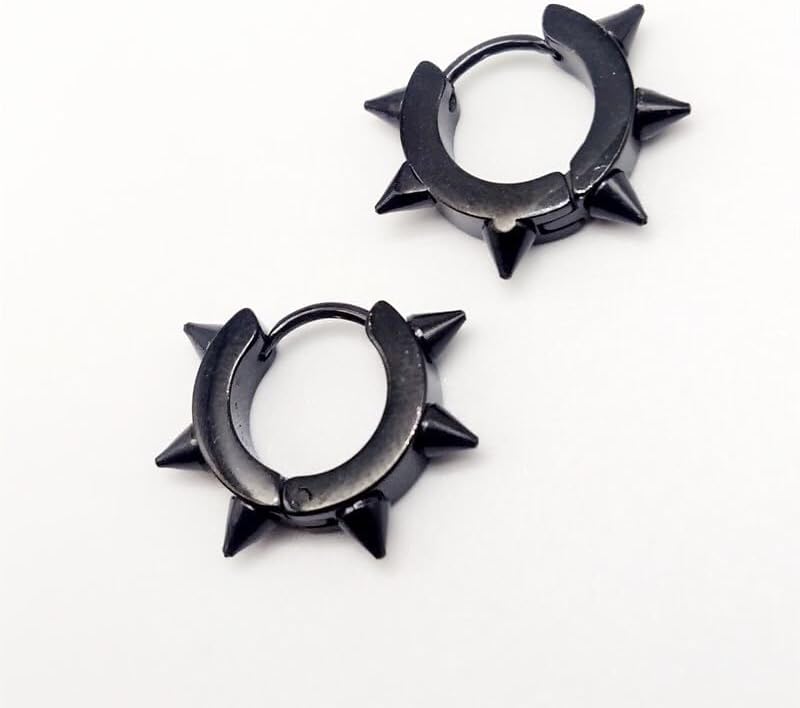 Mens Womens Punk Silver/Black Stainless Steel Huggie Hoop Earrings Goth Spike Rivet Earrings Rock Hiphop Jewelry - Image 2