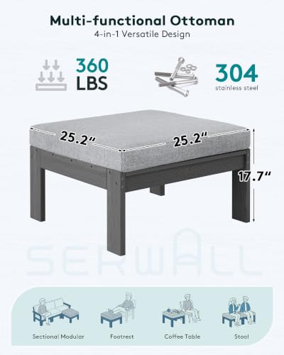 Image of SERWALL HDPE Outdoor Ottoman with Cushions for Outdoo Sofa | Gray Frame & Gray Cushions