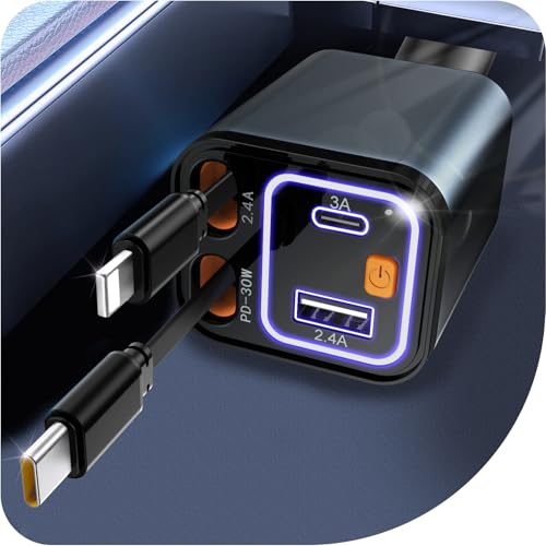 DUEDUE Einziehbares Auto Ladegerät Zigarettenanzünder USB Adapter 69W, Schnellladegerät mit einziehbaren Kabeln – 24V/12V Schnellladeadapter für iPhone/Samsung/Google und Andere Handys