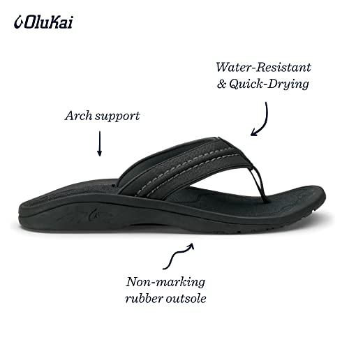 Olukai Hokua Men's Beach Sandals, Quick-Dry Flip-Flop Slides, Water Resistant & Wet Grip Rubber Soles, Compression Molded Footbed & Soft Comfort Fit, Black/Dk Shadow, 8 #TOP3