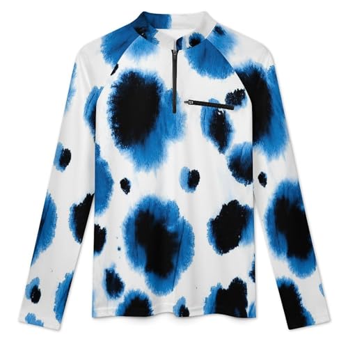 Watercolor Leopard Blue Tie Dye Men's Rash Guard Long Sleeves Quick Dry Fishing Workout Shirts with Zipper3