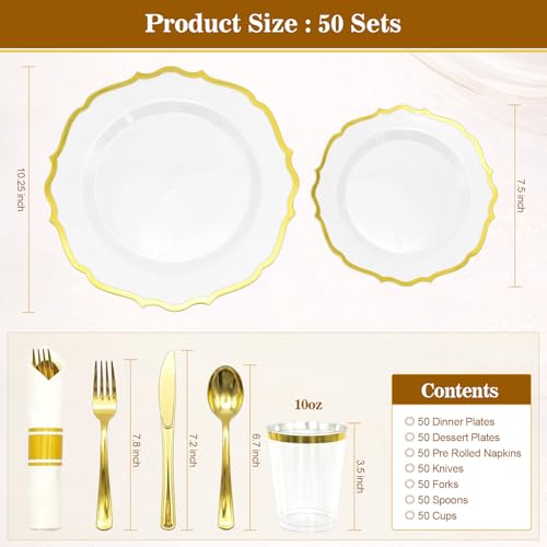 Glowserve 50 Guests 350 PCS Disposable Plastic Plates Gold Dinnerware Sets — view 6