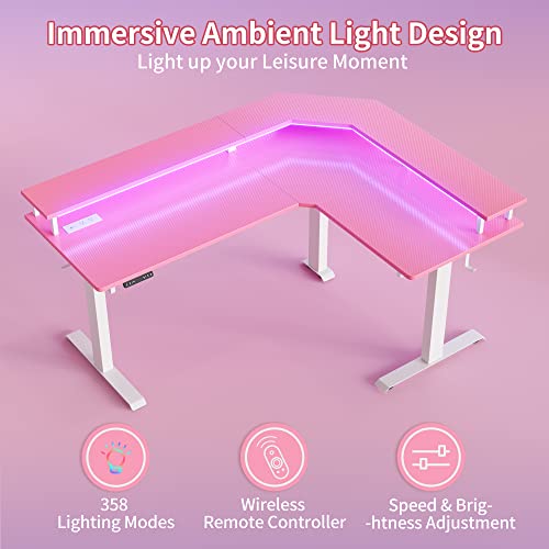 Image of FEZIBO 63 inch Triple Motor L Shaped Standing Desk with LED Strip & Power Outlets, Height Adjustable Stand up Corner Gaming Desk with Ergonomic Monitor Stand, Pink Carbon Fiber Top /White Frame