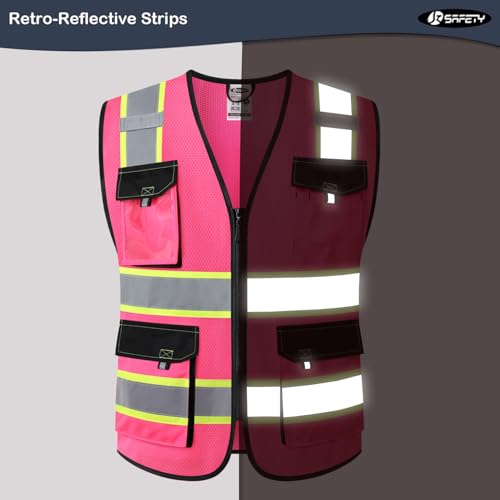 Image of JKSafety Hi Vis Reflective Safety Vests for Men Women High Visibility Vest with Pockets Mesh Fabric Construction Safety Apparel Neon Vest for Work (220-Pink XL)