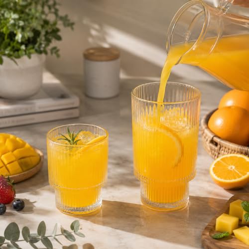 Image of bellemax Ribbed Glasses - 6 Pcs 330 ML & 6 Pcs 190 ML Water and Juice Glasses, Premium Ribbed Drinking Tumblers, Glassware Set for Home, Kitchen, Dining & Parties Set of 12