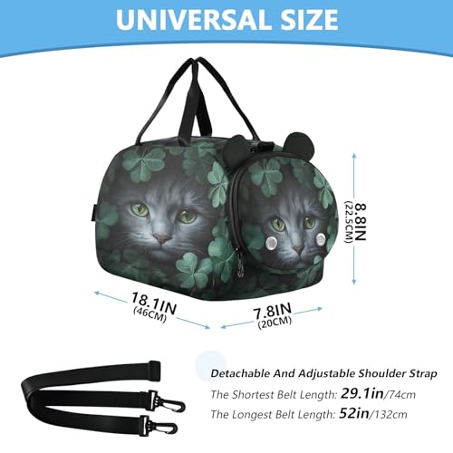Gray Cat Clover Kids Travel Duffel Bag for Boys Girls Overnight Weekend Tote Bag with Shoes Compartment for Sleepover Trip Beach3