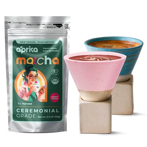 Japanese Ceremonial Matcha Powder 100g + 2 Coffee/Tea Mugs (200ml each) by Aprika Life
