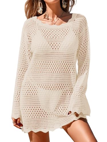 Womens Crochet Knit Swimsuit Coverup Mini Dress Summer 2025 Boat Neck Wavy Trim Beach Bathing Suit Cover Up