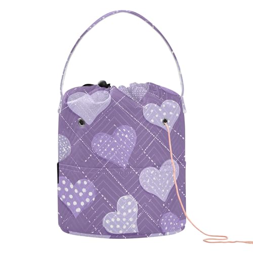 Tatenale Bolsa de crochê, bolsa de tricô para projetos de tricô com bolsos e alça, organizador de armazenamento de fios portátil, sem emaranhados, 21 x 28 cm, lavanda corações românticos 19