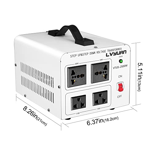 Image of LVYUAN 2500W Step Up & Down Voltage Transformer 110 /120V to 220 /240V | 4 multi-socket(2US+2Universal), resettable MCB breaker, 8-fold safety shield, pure copper toroidal coil,CE&FCC certified