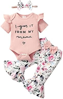 HIGHUZZA Baby Girl Clothes 0-3 Months Newborn Infant Outfits Summer Girl Romper Letter Tops Flower Flare Pants Baby Girls' Clothing Set Cute Headband Gifts Pink