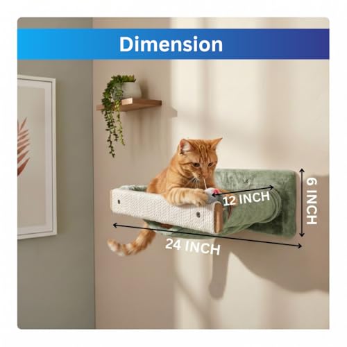 Image of Wall-Mounted Cat Perch with Scratching Post, Plush Cushion, Beige and Grey, Space-Saving Hammock Bed, (24X6 INCH) FURR- 151 (Green)