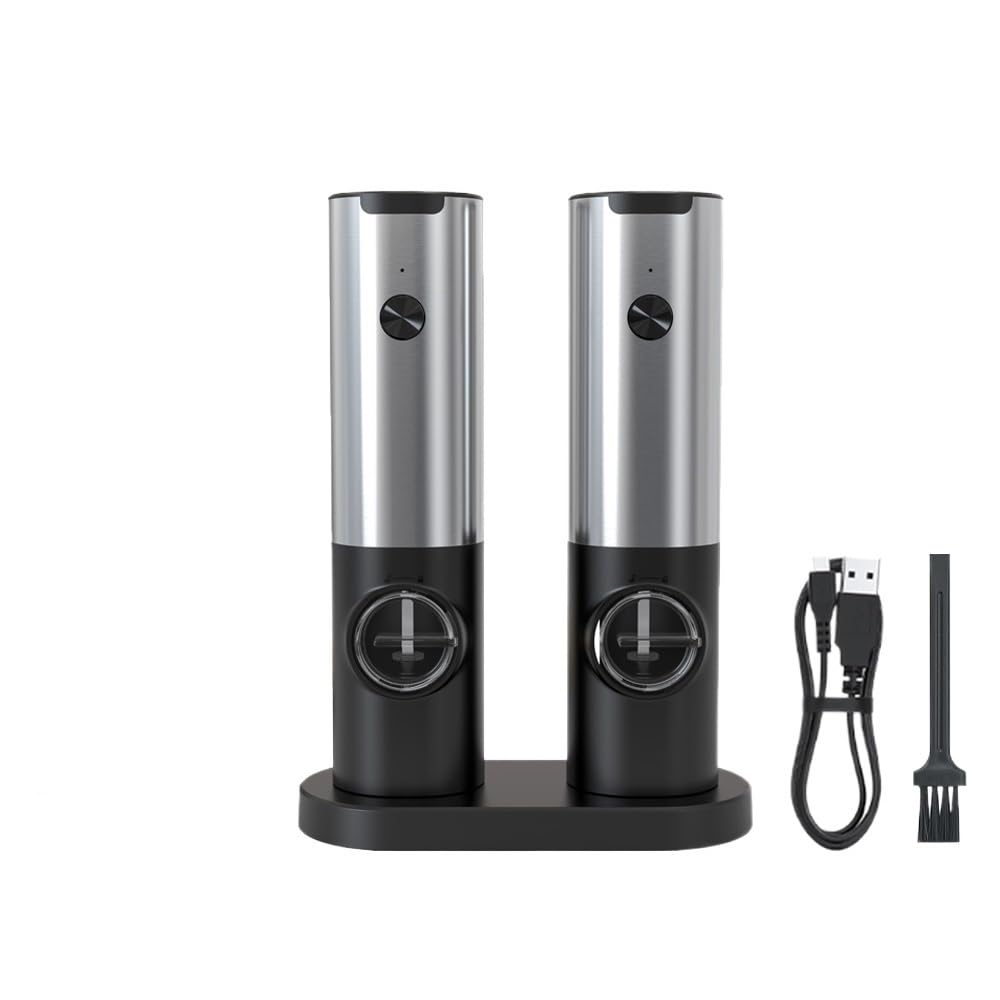 Molinillo Pimienta, Pepper Grinder Molinillo de sal y pimienta eléctrico recargable, base carga, molinillo automático especias acero inoxidable(Charge Base Steel)