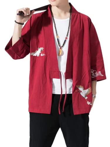Image of Men's Japanese Kimono Cardigan Loose Cotton Linen 3 /4 Sleeve Open Front Casual Summer Shirt Jackets