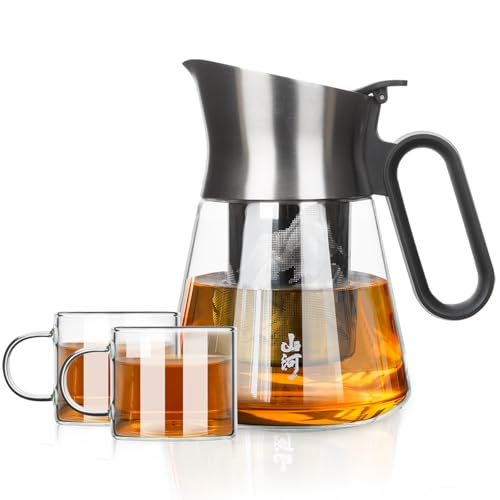 ZENS Elegant Glass Tea Infuser Teapot with Two Cups, 680ML Compact Loose Leaf Teapot Featuring Stainless Steel Spout for Herbal Tea Lovers