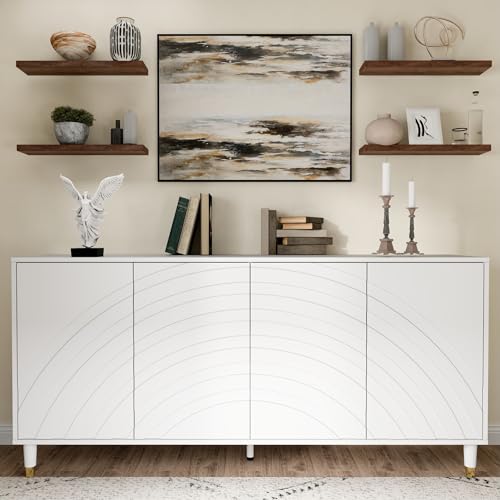 howcool 63\'\' Sideboard Buffet Cabinet, White Storage Cabinet with 4 Doors, Modern Credenza Accent Cabinet Featuring Semi-Circular Pattern for Dining Room, Living Room