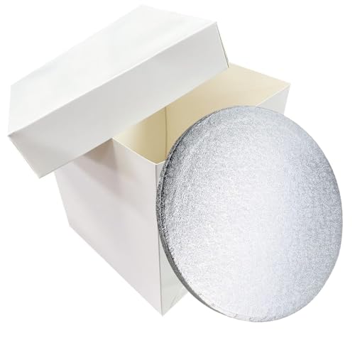 LARRYROO Tall White Cake Box Extra Deep & Silver Round Cake Drum Board Combo For High Celebration, Wedding, Birthday Cakes (8)