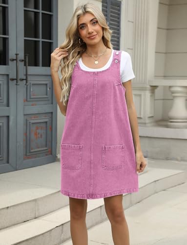 Image of Xaspee Denim Overall Dress for Women Casual Mini Sleeveless Jean Vintage Jumper Skirt Dress with Pockets