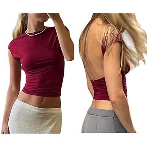 Women´s Backless T-Shirts Y2K Crop Top Solid Casual Sleeveless Sexy Vintage Cut Out 2022 Summer Fashion (Dark Rosy, Small) Cover