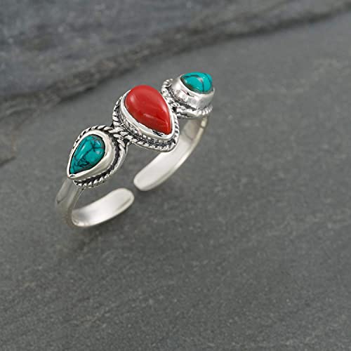 Boho Sterling Silver Ring With Red Coral And Turquoise Stones, Open And Adjustable Tribal Oval Stone Ring, Hippie Ethnic Handmade Natural Stone Ring, Unisex Indian Jewelry For Men And Women #TOP1