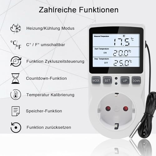 KETOTEK Digital Temperaturregler Thermostat Steckdose 230V mit 3m Fühler, Steckdosen Thermostat Heizung Kühlung Temperaturgesteuert für Gewächshaus Inkubator Kühlschrank, Hintergrundbeleuchtung