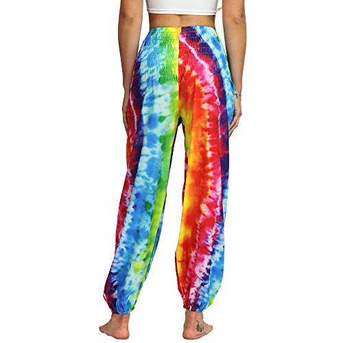 Nuofengkudu Women's Hippie Baggy Harem Trousers Smocked High Waist Soft Boho Print Loose Fit Yoga Pants with Pockets Holiday Summer Beach Party (Rainbow C,One Size) steampunk buy now online