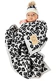Funky Junque Large Soft Warm Lightweight Baby Throw Blanket with Matching Beanie Bundle for Toddler Bed, Strollers, Naps, Daycare Preschool - Leopard Print - 1 Fur POM - Ivory