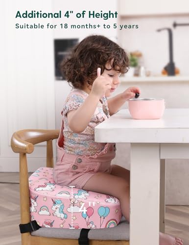 Image of Babelio Ergo-Designed Booster Seat for Kitchen Chair, Promote Proper Upright Posture, Toddler Booster Seat for Dining Table, Removable & Washable Cover, Suitable for 18 Months to 5 Years, Pink Unicorn