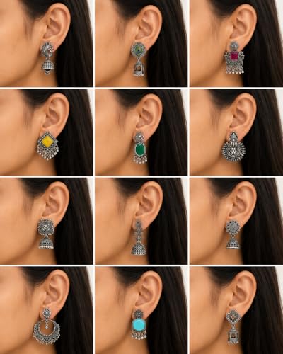 Image of Shining Diva Fashion 12 Pairs Oxidised Silver Earrings Set for Women with Jewellery Organisers Foldable Organizer Box | Traditional Afghani Stylish Jhumka Earring Gifts for Girls (17480er BOX1025)