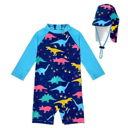 weVSwe Toddler Boy Swimsuit Long Sleeve Swimsuit SPF Newborn Swimwear Set with Summer Hat Lightweight Beachwear Blue Dinosaur 12-18 Months