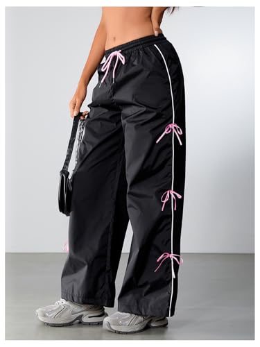 SOLY HUX Women's Parachute Pants Y2k Baggy Track Pants Bowknot Wide Leg Sweatpants Loose Casual Streetwear3