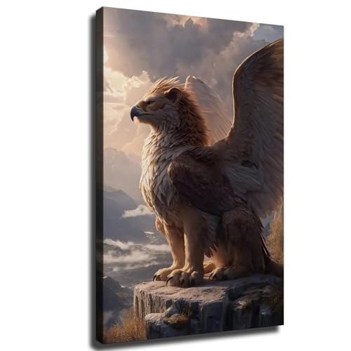 Griffin Art Print, Mythical Creature Poster, Gothic Medieval Style Decor, Animal Canvas Wall Art, Framed Wall Art (Framed,08×12 inch)