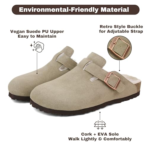 Amazing Cosy Fur Lined Suede Clogs for Women Men, Slip-On Fuzzy Slippers with Adjustable Strap, Platform Leather Mules Shoes with Arch Support for Fall Winter - Wide Fit (Taupe, US Women Size 9) by Amazing Cosy - Used condition - Image 4