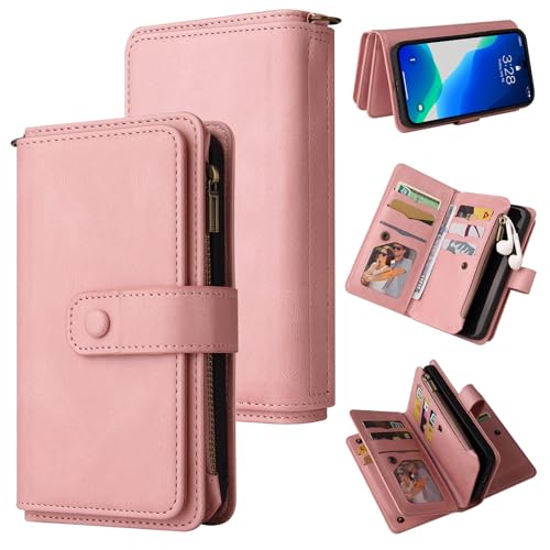 Étui compatible avec iPhone 17 rose | Housse rabat cuir fermeture éclair sangle