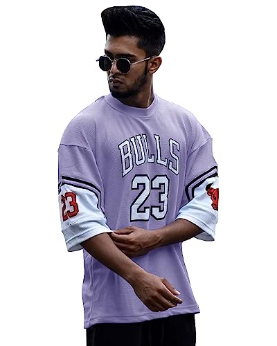 Image of EYEBOGLER Oversized Loose Fit Drop Shooulder Half Sleeves Cotton Blend Printed Baggy T-Shirt for Men