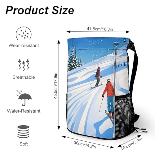 Waterproof Drawstring Gym Backpack with Shoe Compartment & Wet-Proof Pocket - Lightweight 28L Winter Sports Ski Theme Sports Backpack Travel Workout String Bag for Yoga Swim2